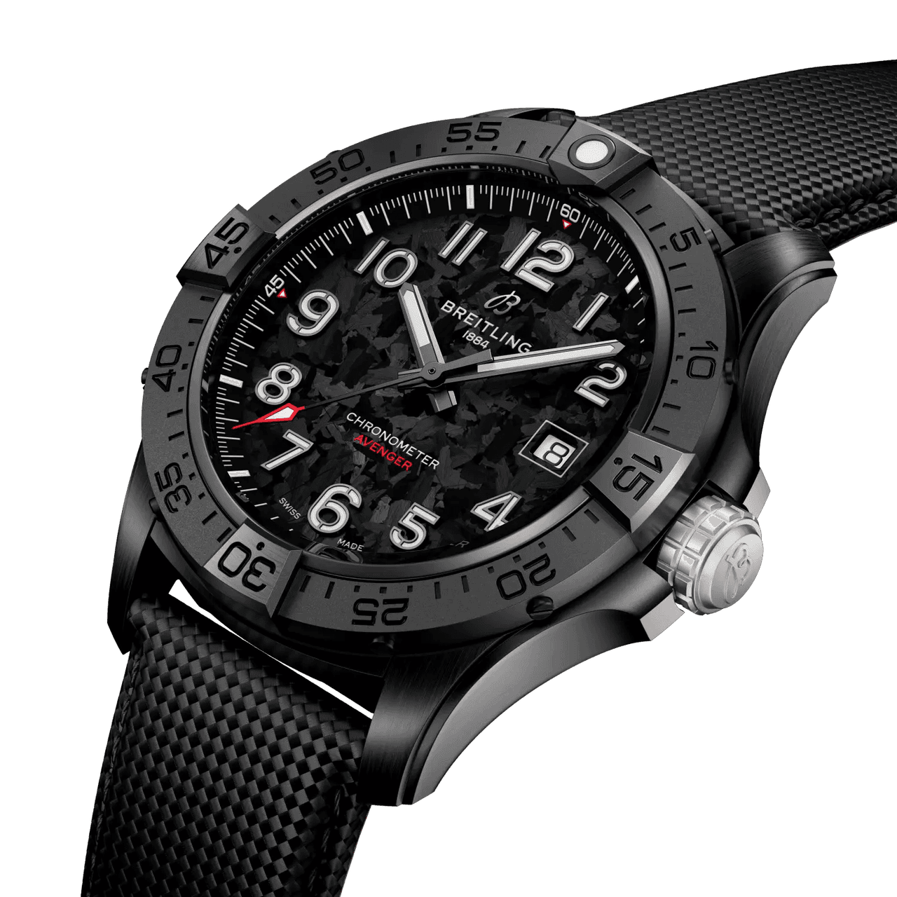 Breitling Avenger Automatic 42 Night Mission, black camo dial with luminous hands and markers, black unidirectional rotating bezel with engraved numerals, and black textured rubber strap.