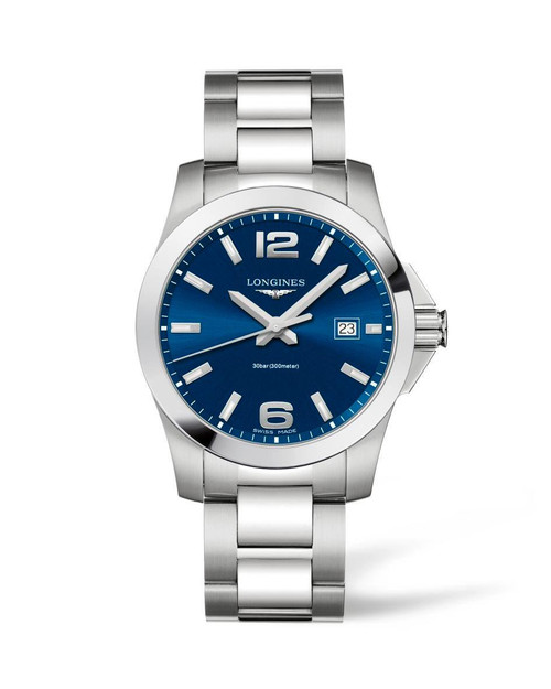 Longines Conquest watch, stainless steel bracelet and case with a blue dial featuring silver hour markers and hands, date display at 3 o'clock, and water resistance up to 300 meters.