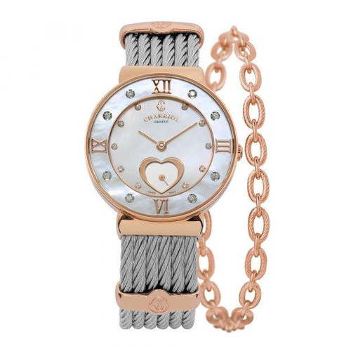 CHARRIOL ST TROPEZ ICON 30MM WATCH ROSE GOLD, STEEL CABLE, 8 DIAMONDS BEZEL AND 10 DIAMONDS WHITE HEART MOP DIAL [ST30PD 560 058] 