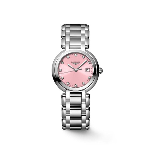 Longines Primaluna, A stylish women's wristwatch with a pink dial, silver stainless steel bracelet, diamond hour markers, date display, and Swiss craftsmanship.