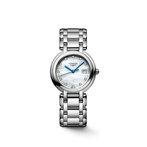 Longines Primaluna watch, silver stainless steel bracelet and round case with mother-of-pearl dial, blue hands, diamond hour markers, and date window at 3 o'clock.