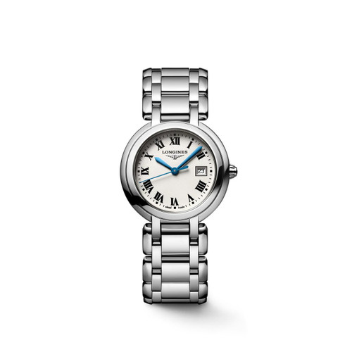 Longines Primaluna, luxury women's watch with stainless steel bracelet and round case, white dial with Roman numerals and blue hands, date display at 3 o'clock, and Swiss-made craftsmanship.