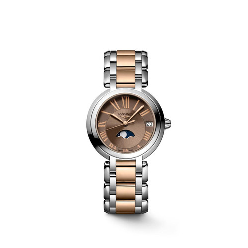Longines Primaluna watch, two-tone stainless steel and rose gold bracelet with round brown dial featuring Roman numerals and moonphase display.
