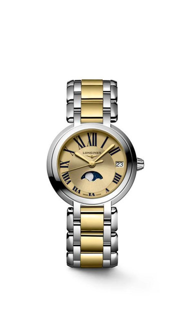 LONGINES PRIMALUNA [L8.115.5.31.7], a luxury women's wristwatch with a gold and silver stainless steel band, gold dial, Roman numeral markers, moon phase complication, and a date window.