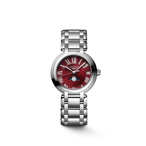 LONGINES PRIMALUNA [L8.115.4.92.6], elegant women's wristwatch with a stainless steel bracelet, deep red dial, Roman numeral hour markers, date window, and moon phase complication.