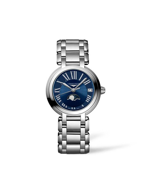 LONGINES PRIMALUNA [L8.115.4.91.6], luxury women's wristwatch with blue dial, silver stainless steel bracelet, moon phase display, and date window.