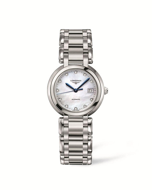 LONGINES PRIMALUNA [L8.113.4.87.6] luxury wristwatch, stainless steel case and bracelet with a white mother-of-pearl dial, blue hands, diamond hour markers, date window, automatic movement, elegant and sophisticated design.