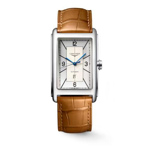 LONGINES DOLCEVITA watch, rectangular silver case with white dial, blue hands, date display, and tan leather strap.