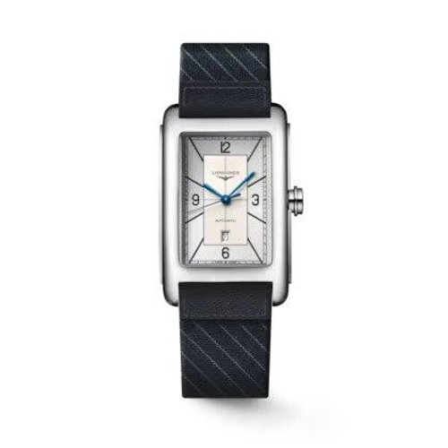 LONGINES DOLCEVITA [L5.757.4.73.8], image of a luxury rectangular wristwatch with a silver dial, blue hour and minute hands, date display at 6 o'clock, and a black textured leather strap.
