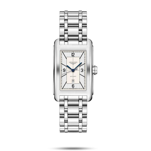 Longines DolceVita watch, silver rectangular dial with black and blue hands, stainless steel bracelet, luxury Swiss watch, model L5.757.4.73.6