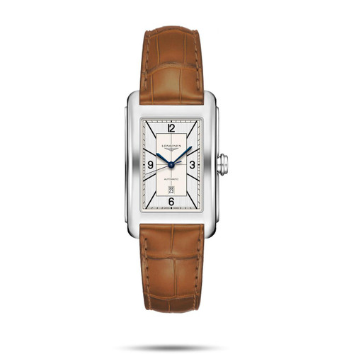 Longines DolceVita [L5.757.4.73.3], luxury rectangular wristwatch with silver dial and brown leather strap.