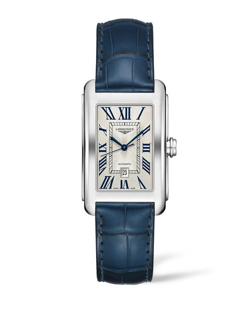 LONGINES DOLCEVITA [L5.757.4.71.9], luxury rectangular wristwatch with silver dial, blue Roman numeral hour markers and hands, and blue leather strap.