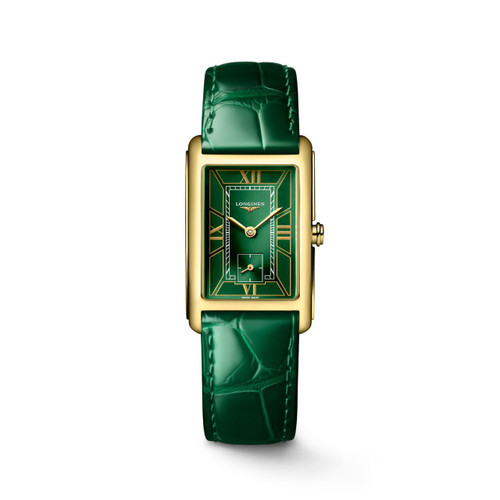 Longines DolceVita [L5.512.6.95.2], a luxury rectangular wristwatch with a green dial, gold-tone case, and matching green leather strap.