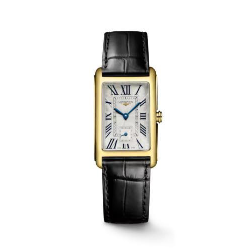 Longines DolceVita [L5.512.6.71.0], elegant rectangular gold-tone wristwatch with a white dial, Roman numeral hour markers, blue hands, and a black leather strap.