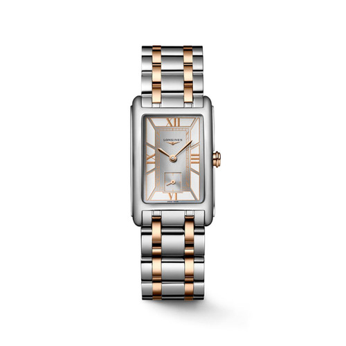 Longines DolceVita watch, luxury rectangular two-tone silver and rose gold wristwatch with Roman numerals and small seconds subdial.