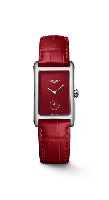LONGINES DOLCEVITA, elegant wristwatch with a rectangular silver case, deep red dial, and matching red leather strap.