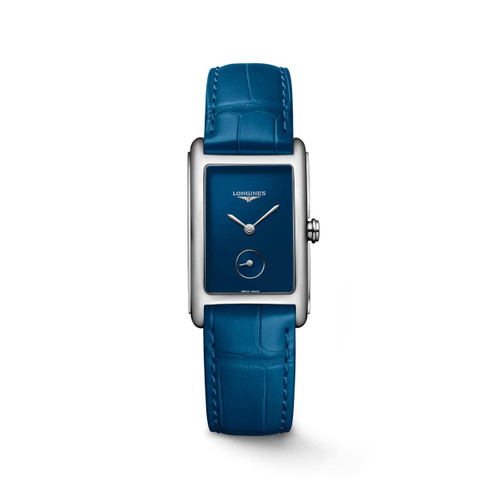 Longines DolceVita, blue dial rectangular watch with blue leather strap.