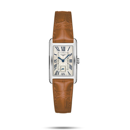 Longines DolceVita watch, rectangular stainless steel case with a cream dial and blue Roman numeral markers, brown leather strap, and elegant blue hands.