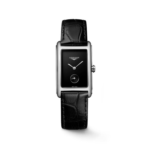 Longines DolceVita watch, black dial with small seconds subdial and black leather strap