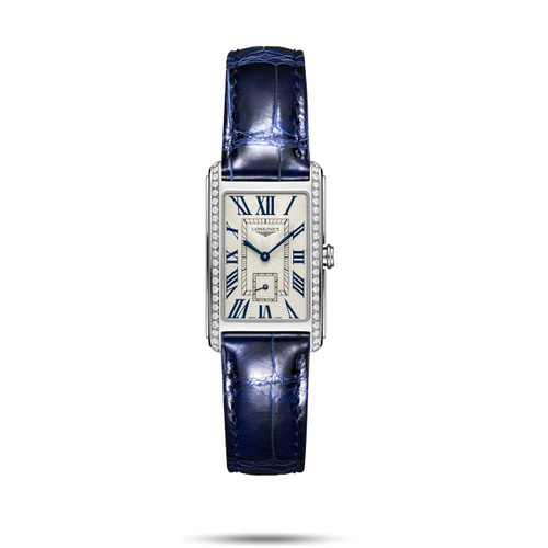 LONGINES DOLCEVITA, watch featuring a rectangular silver case with diamond accents, cream dial with blue Roman numeral markers, blue hands, and a blue alligator leather strap.