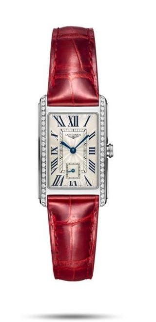 LONGINES DOLCEVITA [L5.512.0.71.5], elegant women's wristwatch with a rectangular silver dial, Roman numerals, blue hands, diamond-set bezel, and a red leather strap.
