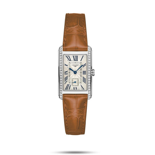 Longines DolceVita watch, silver rectangular case with diamond accents and a brown leather strap.