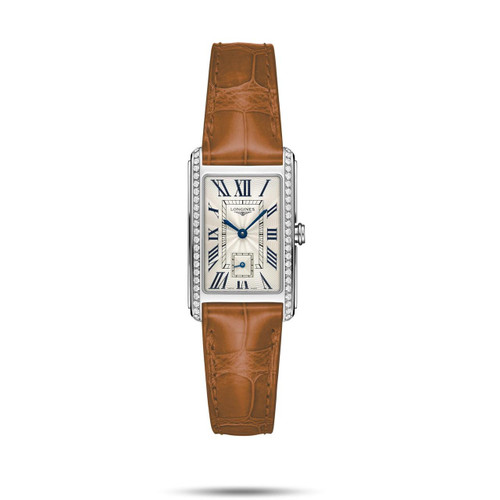 Longines DolceVita watch, silver rectangular case with diamond accents and a brown leather strap.