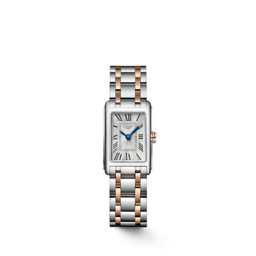 LONGINES DOLCEVITA [L5.258.5.71.7], two-tone rectangular wristwatch with silver dial, Roman numeral markers, and blue hands, featuring a stainless steel and rose gold bracelet.