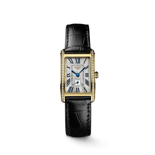 Longines DolceVita, luxury wristwatch with rectangular gold case encrusted with diamonds, silver dial with blue Roman numerals and hands, black leather strap.