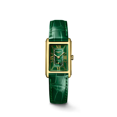 Longines DolceVita watch, rectangular gold watch with green dial and matching green leather strap.
