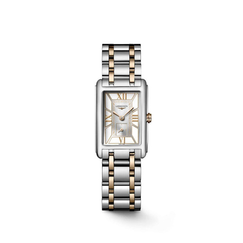 Longines DolceVita [L5.255.5.75.7], two-tone rectangular wristwatch with stainless steel and gold bracelet, silver dial with Roman numerals, and small seconds subdial