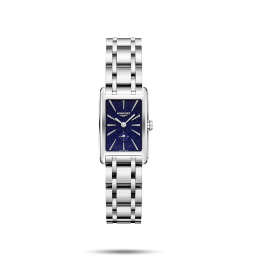 Longines DolceVita watch, stainless steel rectangular wristwatch with navy blue dial and silver-tone hands and indices.