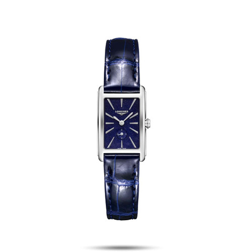 Longines DolceVita, elegant rectangular wristwatch with a deep blue dial and matching leather strap.
