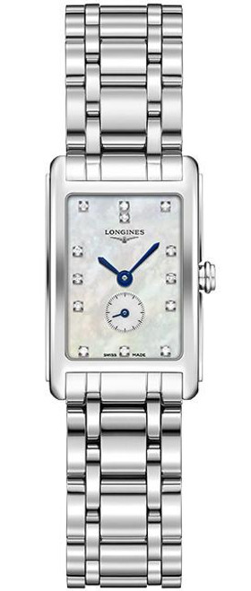 LONGINES DOLCEVITA watch, silver stainless steel bracelet and rectangular dial with diamond hour markers and blue hands.