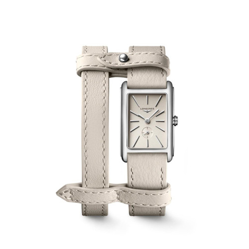 Longines DolceVita watch, elegant rectangular silver dial with beige leather strap.