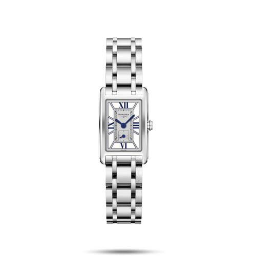 Longines DolceVita, elegant rectangular stainless steel wristwatch with a silver dial and blue Roman numeral hour markers.