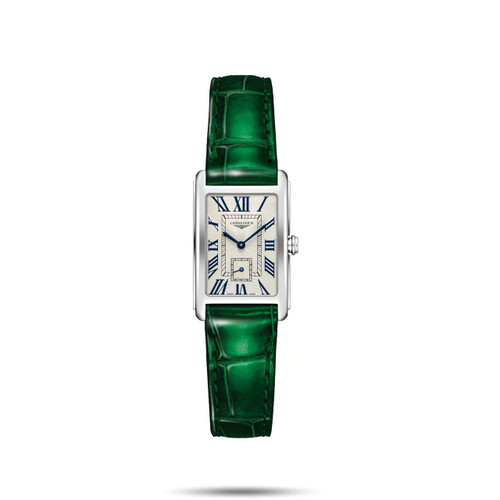 LONGINES DOLCEVITA, Silver rectangular wristwatch with blue Roman numeral markers and a green leather strap.