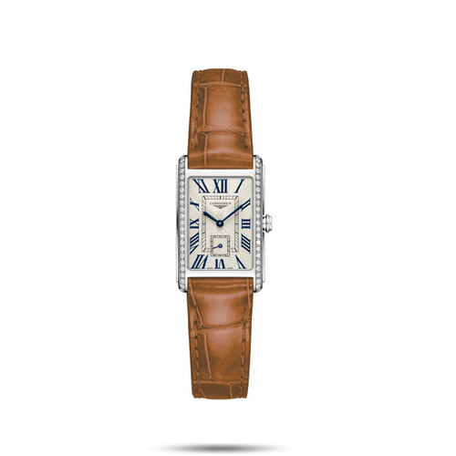 Longines DolceVita watch, Elegant rectangular wristwatch with diamond-encrusted bezel, white dial, blue Roman numerals, and brown leather strap.