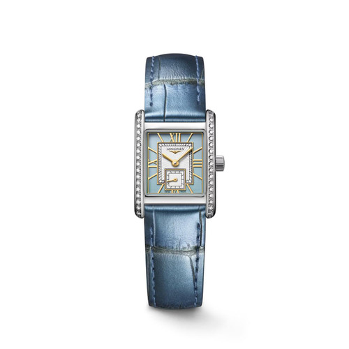 Longines Mini DolceVita watch, rectangular dial with gold accents, blue leather strap, and diamond-encrusted bezel.