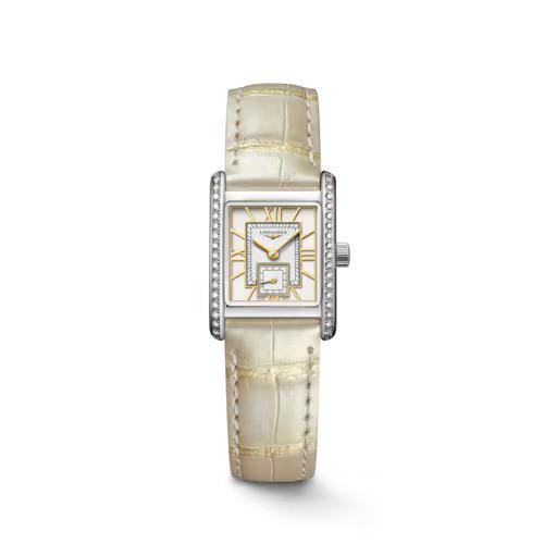 LONGINES MINI DOLCEVITA [L5.200.0.79.2], elegant women's wristwatch with a square face, gold accents, diamond-studded bezel, and a light beige leather strap.