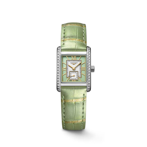 LONGINES MINI DOLCEVITA [L5.200.0.05.2], luxury wristwatch with a rectangular face, green dial, gold Roman numeral markers, diamond-set case, and green leather strap.