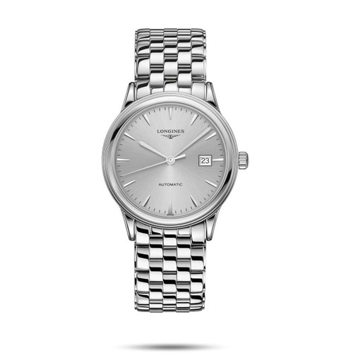 Longines Flagship, elegent silver men's automatic wristwatch with date display and metal bracelet.