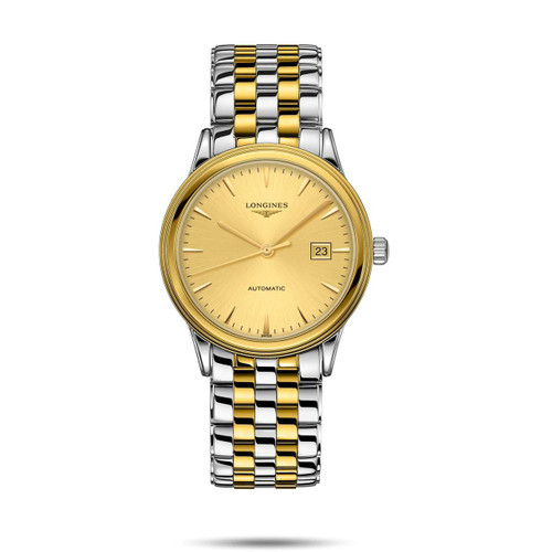 Longines Flagship [L4.984.3.32.7], luxury wristwatch with a gold dial and two-tone stainless steel and gold bracelet.