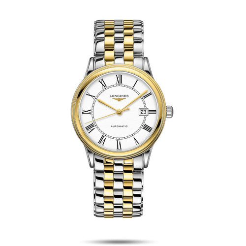 Longines Flagship watch, two-tone stainless steel and gold bracelet with white dial, Roman numeral hour markers, date display, and automatic movement.