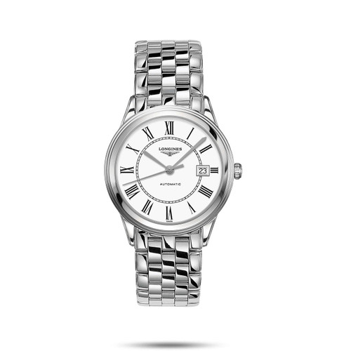 Longines Flagship L4.974.4.21.6, luxury men's automatic wristwatch with stainless steel bracelet and white dial featuring Roman numeral hour markers and date display.