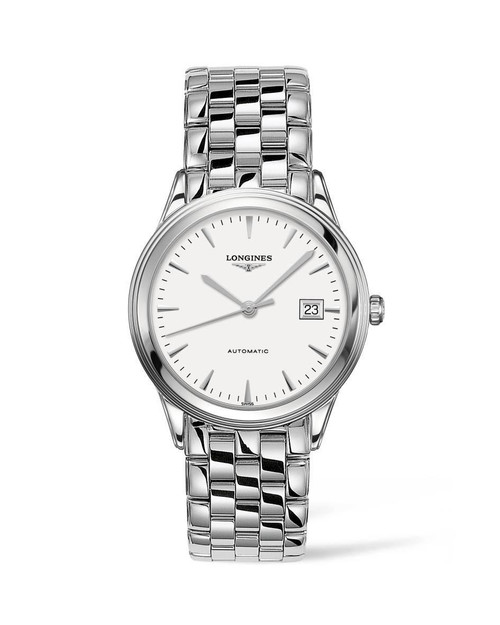 Longines Flagship watch, silver stainless steel bracelet and round case with white dial, date display, automatic movement, luxury men's wristwatch.