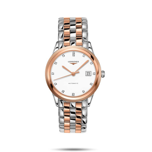Longines Flagship Automatic women's watch, two-tone stainless steel and rose gold with white dial and diamond markers.