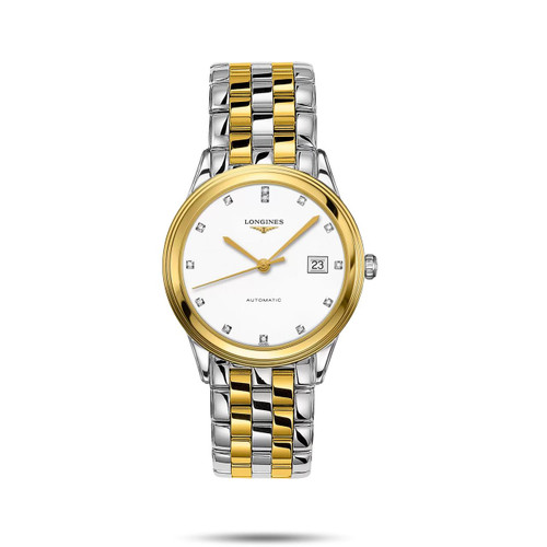 Longines Flagship L4.974.3.27.7, luxury men's wristwatch with a two-tone stainless steel and gold bracelet, white dial with diamond hour markers, date display, and automatic movement.