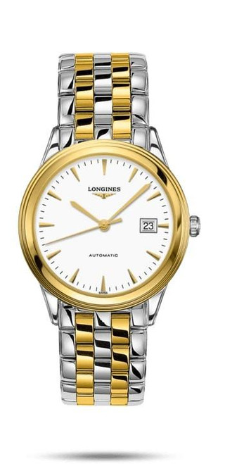 LONGINES FLAGSHIP [L4.974.3.22.7], luxury men's automatic wristwatch with a two-tone gold and silver stainless steel bracelet, white dial, gold bezel, and date display.