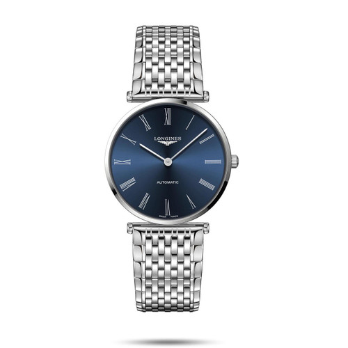 Longines La Grande Classique de Longines, luxury men's watch with blue dial and stainless steel bracelet.